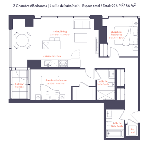 Floor plan for 2 beds, 2 baths, 973 sqft